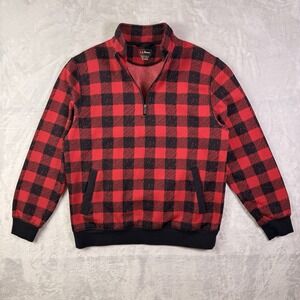 LL Bean Buffalo Check Sweatshirt‎ Quarter Zip Women's Medium Red Plaid Cozy